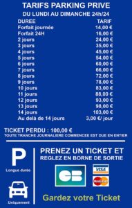 Tarifs parking Sirius Park Quiberon, tarif pour 24h du Lundi au Dimanche. Parking longue durée